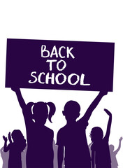 Back to school. Happy school children or first graders and banner, silhouette. Vector illustration.