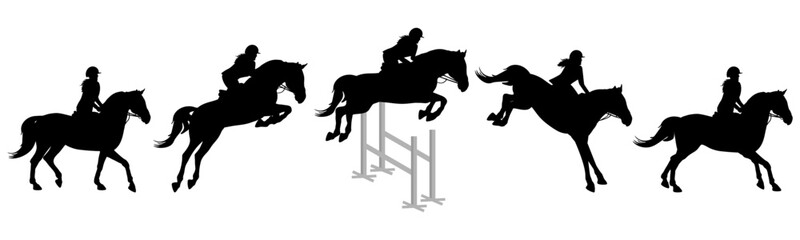 Show jumping, equestrian sports. Horse rider and horse, jumping in barrier, silhouette. Vector illustration