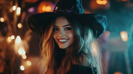 Fototapeta premium Beautiful young woman in witch costume on halloween party. Holiday event halloween banner background concept with generative ai