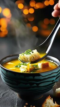 Creamy pumpkin soup with croutons and parsley in bowl on dark background