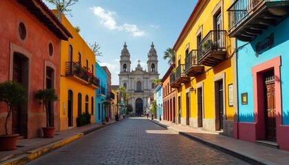 Obraz premium A charming Mexican street in Sanochitián, highlighted by colorful buildings and the Cathedral of Guadalupe. A charming street in Sanochitián, showcasing colorful buildings and the Cathedral of Guadalu