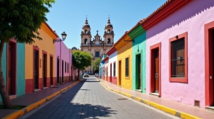 Obraz premium A charming Mexican street in Sanochitián, highlighted by colorful buildings and the Cathedral of Guadalupe. A charming street in Sanochitián, showcasing colorful buildings and the Cathedral of Guadalu
