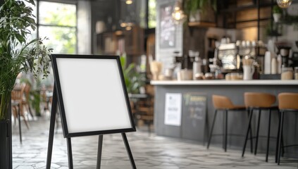 Blank Menu Board in Modern Coffee Shop Interior with Plants and Natural Light
