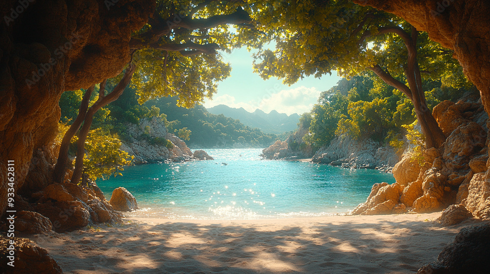 Wall mural sandy beach framed by rugged rock caves on either side, bathed in warm sunlight. the tranquil scene 