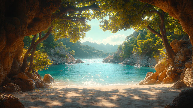 sandy beach framed by rugged rock caves on either side, bathed in warm sunlight. The tranquil scene invites reflection, evoking feelings of peace, solitude, and the timeless beauty of nature