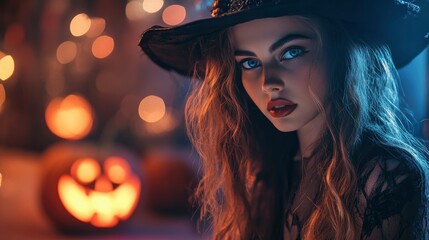Fototapeta premium Beautiful young woman in witch costume on halloween party. Holiday event halloween banner background concept with generative ai