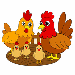 Barnyard Chickens - Rustic Pecking and Scratching Scene on White Background art vector illustration