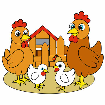 recommend clip art: Barnyard Chickens - Rustic Pecking and Scratching Scene on White Background art vector illustration