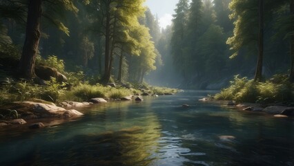Obraz premium Tranquil Forest Stream with Sunlight Filtering Through Trees