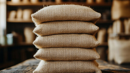 Stacks of burlap sacks are neatly arranged in a dimly lit warehouse, casting shadows that emphasize the texture and weight of the sacks. The scene conveys a sense of abundance, storage, and rustic ind