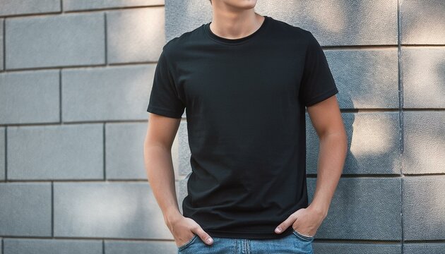 Young Model Shirt Mockup. Junges Modell tr&auml;gt schwarzes T-Shirt auf der Stra&szlig;e im Tageslicht.