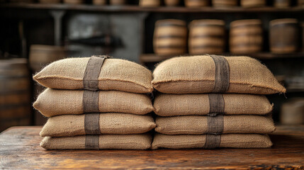 Stacks of burlap sacks are neatly arranged in a dimly lit warehouse, casting shadows that emphasize the texture and weight of the sacks. The scene conveys a sense of abundance, storage, and rustic ind