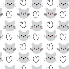 Cute cat seamless pattern background with heart.