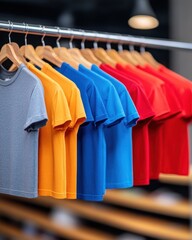 Obraz premium Colorful t-shirts displayed on hangers in a retail store, showcasing a variety of styles and vibrant hues.