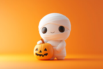3d render of cute mummy halloween character figurine holding pumpkin on solid orange background