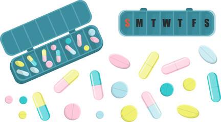 Vector set scattered tablet, capsule and pill from tablet organizer, close up medication box for every day of the week. Minimalistic medical concept in pastel colors in simple flat style.