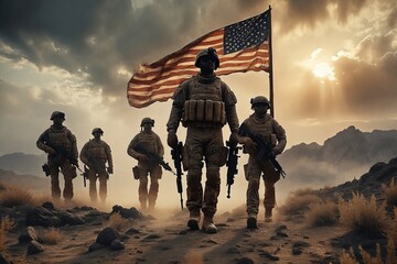 American Soldiers in Desert Landscape with Flag