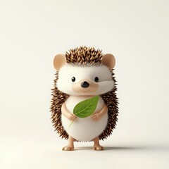 A cute hedgehog character holding a green leaf, perfect for nature and animal themes in children's art and design.