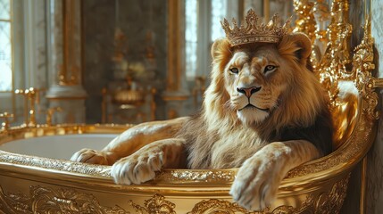 majestic lion wearing crown sitting on ornate golden toilet regal pose luxurious bathroom setting humorous undertone