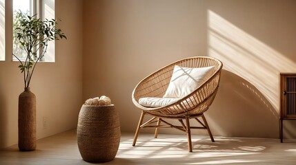 Minimalist Interior with Rattan Chair and Potted Plant, Natural daylight from a window