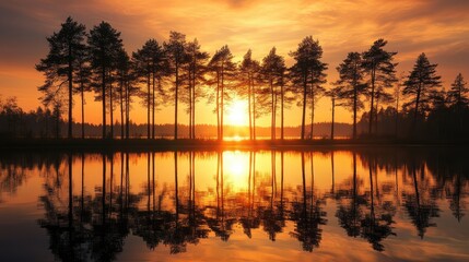 Obraz premium A tranquil lake reflects the setting sun at golden hour, with tall trees standing by the water edge, creating a serene, symmetrical scene