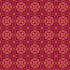 Seamless pattern with pink foliage elements overlaid with golden lines. Suitable for graphic design, interior decoration, textile, fashion, print, wrapping, etc.