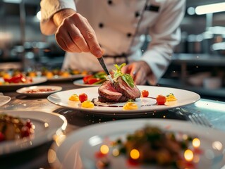 Fototapeta premium Chef Finishing a Gourmet Steak Dish with Basil Garnish