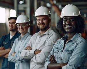 Workers with white helmets, diverse team, industrial setting, smiling, arms crossed, unity concept.