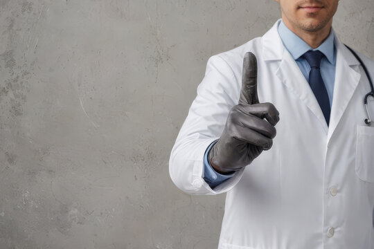 Doctor proctologist shows index finger in rubber glove, on gray background, copy space
