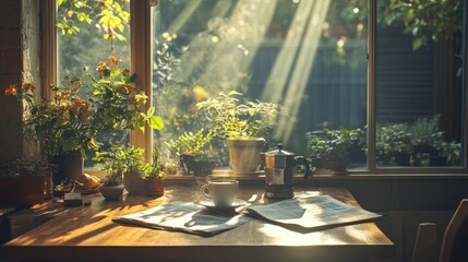 Cozy Morning Routine with Freshly Brewed Coffee, Sunlight, and Newspaper on Table