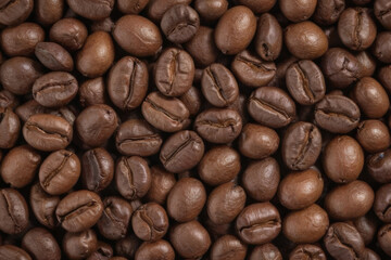 Obraz premium Coffee beans close up, top view, background
