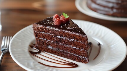 A slice of rich chocolate cake with a chocolate drizzle and raspberries on top, on a white plate.