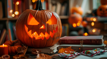 Fototapeta premium Close-up of a pumpkin on a school desk and candles nearby. Nearby are textbooks and candy. Halloween at school. AI generation