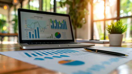 Close-up of financial documents and charts on a laptop. Falling market. Inflation and unemployment. A desperate situation. Crisis. AI generation