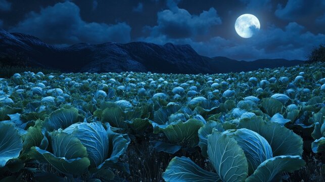 A moonlit field of cabbages with mountains in the background under a starry night sky, creating a serene and mystical nocturnal agricultural landscape.