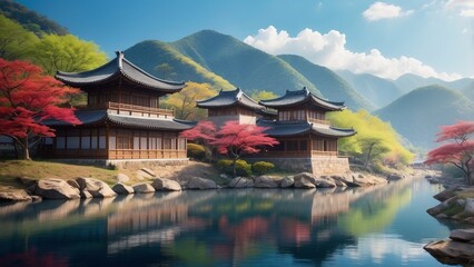 Fototapeta premium Tranquil Asian Temple Complex Reflecting in Still Water Surrounded by Verdant Mountains