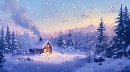 A snowy anime landscape with a cozy cabin nestled in the woods, smoke rising from the chimney, and soft snowflakes falling from the sky.