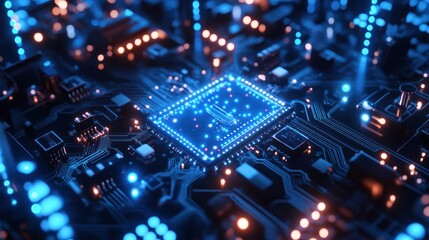 Obraz premium Quantum computer core, futuristic quantum circuits glowing in neon blue, intricate entangled qubits, digital particles, advanced technology background, sci-fi lab