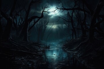 Calm swampy river among old creepy trees in dark forest at night with full moon. Scary Halloween concept. Dark and mysterious background for banner, poster, wallpaper