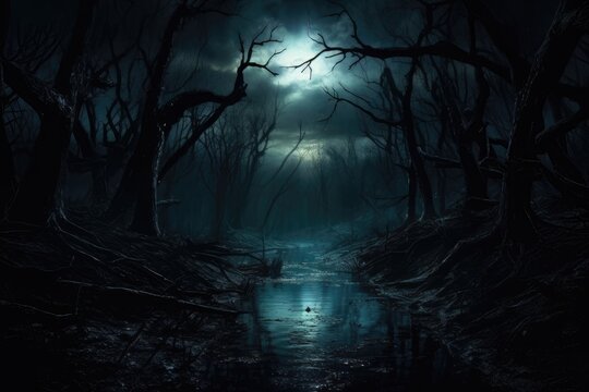 Calm swampy river among old creepy trees in dark forest at night with full moon. Scary Halloween concept. Dark and mysterious background for banner, poster, wallpaper