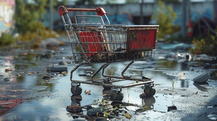 Red shopping cart with a classic design, basking under the warm lights of a cozy shopping mall, filled with holiday decorations.