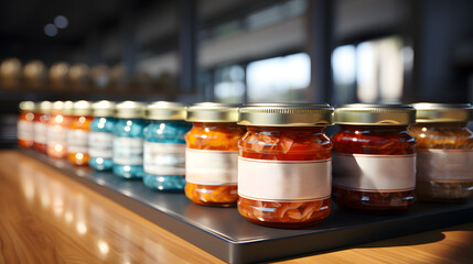 Close-up of neatly arranged labeled jars filled with preserved food, displayed on a wooden surface in a bright room