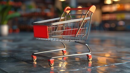Red shopping cart with a classic design, basking under the warm lights of a cozy shopping mall, filled with holiday decorations.