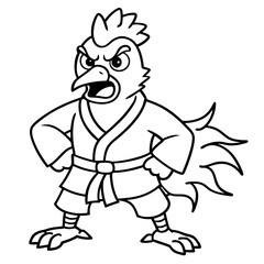 Angry Karate chicken White Background line art vector illustration
