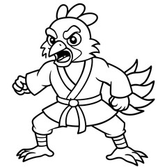 Angry Karate chicken White Background line art vector illustration