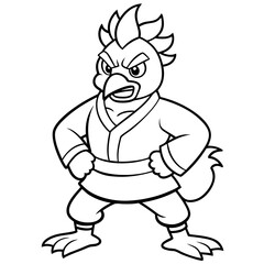 Angry Karate chicken White Background line art vector illustration
