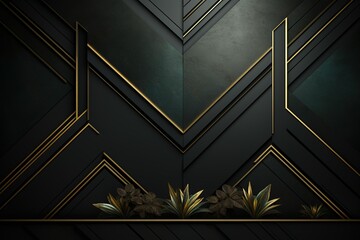 Obraz premium Abstract Black and Gold Geometric Background with Plants.
