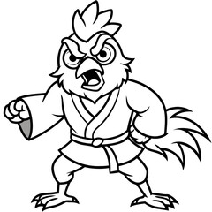 Angry Karate chicken White Background line art vector illustration