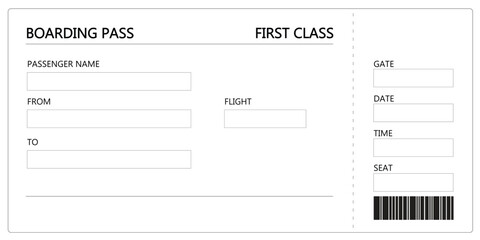 Empty black and white airline first class flight boarding pass ticket