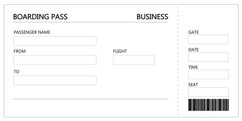 Empty black and white airline business class flight boarding pass ticket